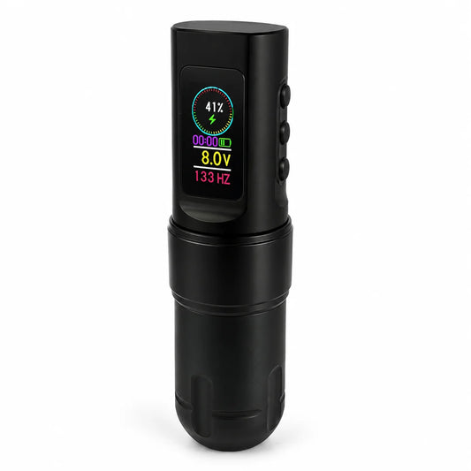Yikexuanli T3 wireless tattoo pen machine angled view with digital display and side buttons on a white background