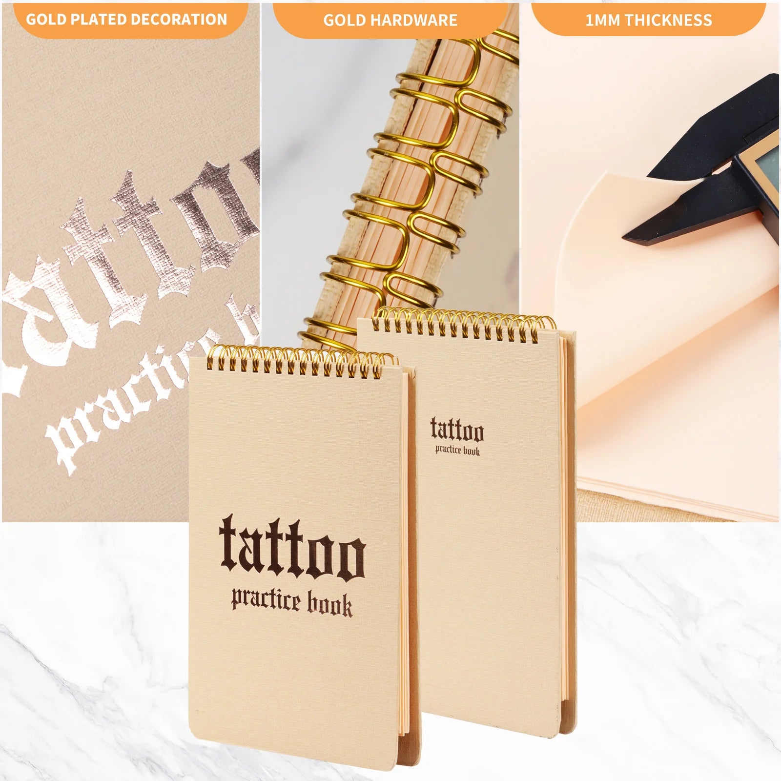 Yikexuanli spiral-bound tattoo practice book with fake skin sheets, gold hardware, and durable detail design for beginner tattoo training and linework practice